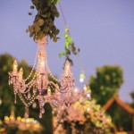 Garden reception with chandeliers